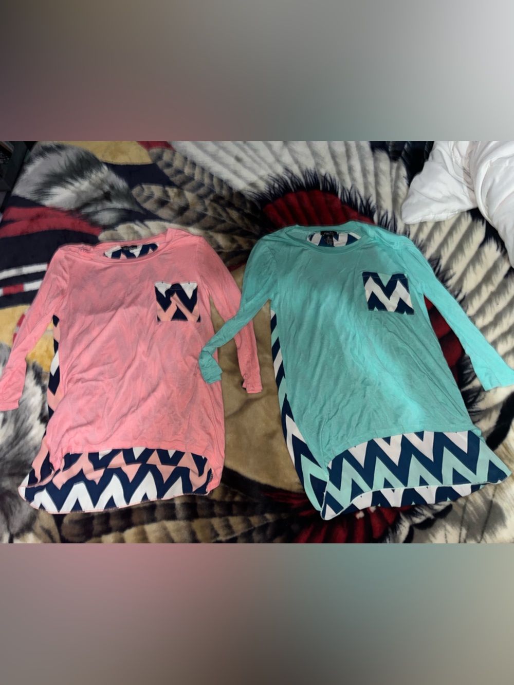 Rue21 Pink & Mint Chevron Accent Long Sleeve Tops